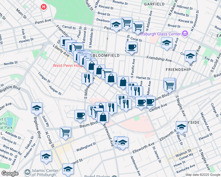 map of restaurants, bars, coffee shops, grocery stores, and more near 527 South Winebiddle Street in Pittsburgh