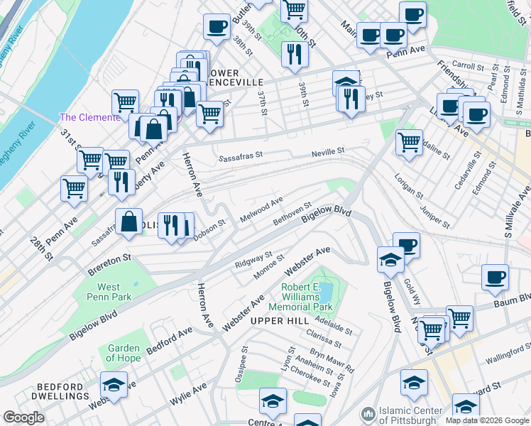 map of restaurants, bars, coffee shops, grocery stores, and more near 3419 Bethoven Street in Pittsburgh