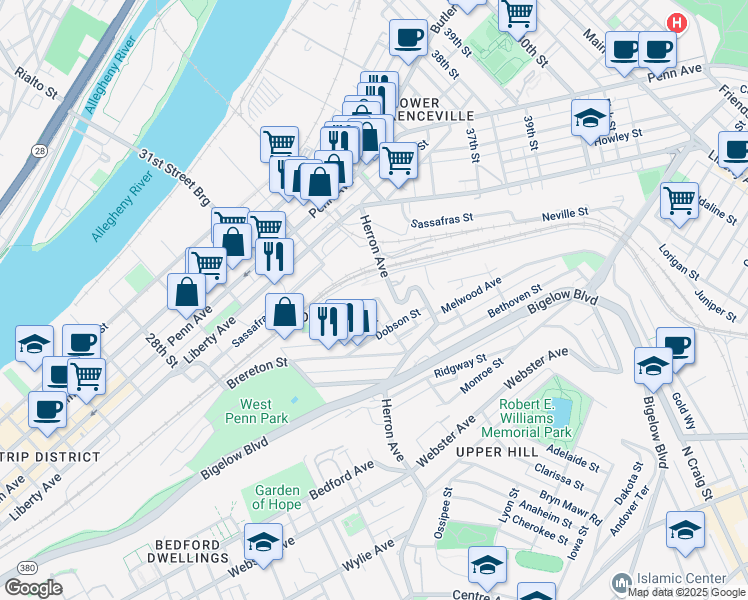 map of restaurants, bars, coffee shops, grocery stores, and more near 21 Revere Way in Pittsburgh