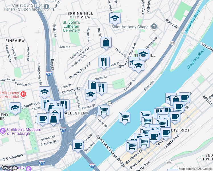 map of restaurants, bars, coffee shops, grocery stores, and more near 1135 Goettmann Street in Pittsburgh
