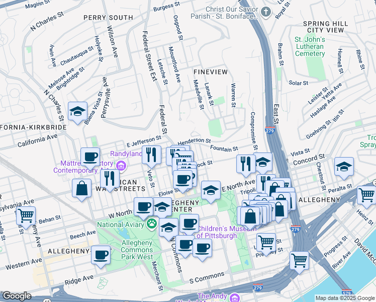 map of restaurants, bars, coffee shops, grocery stores, and more near 1416 Federal Street in Pittsburgh