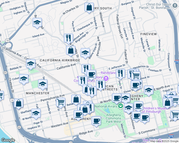 map of restaurants, bars, coffee shops, grocery stores, and more near 615 Armandale Street in Pittsburgh