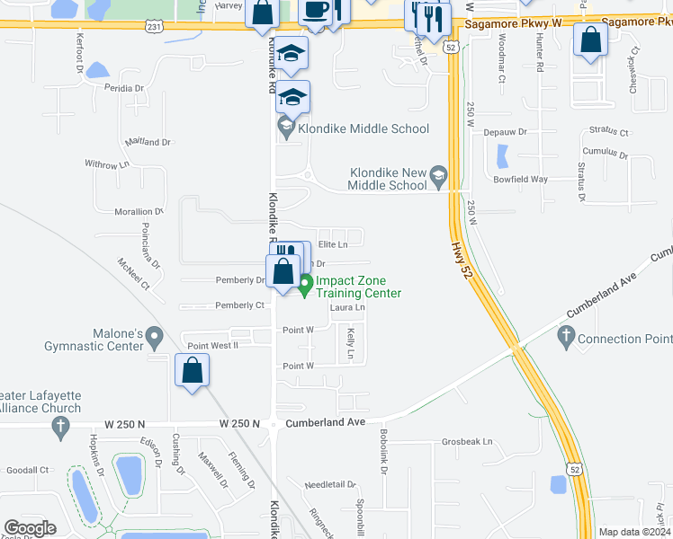 map of restaurants, bars, coffee shops, grocery stores, and more near 2911 Horizon Drive in West Lafayette