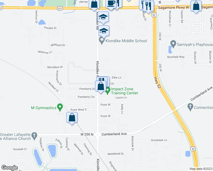 map of restaurants, bars, coffee shops, grocery stores, and more near 2801 Klondike Road in West Lafayette
