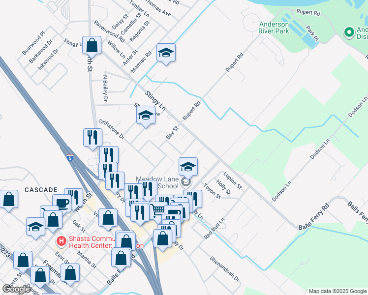 map of restaurants, bars, coffee shops, grocery stores, and more near 2883 Palomino Street in Anderson