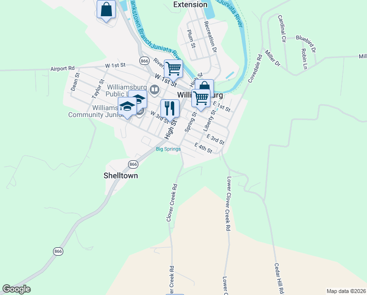 map of restaurants, bars, coffee shops, grocery stores, and more near Clover Creek Road in Williamsburg