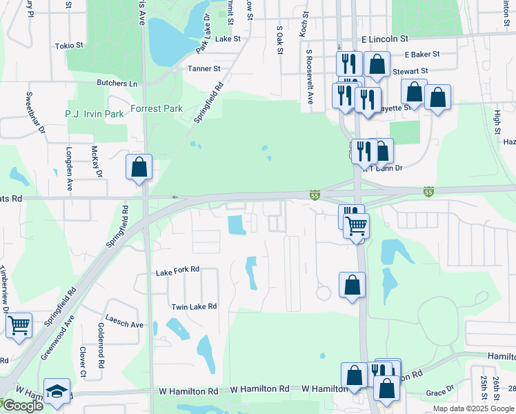 map of restaurants, bars, coffee shops, grocery stores, and more near 108 Greenwood Avenue in Bloomington
