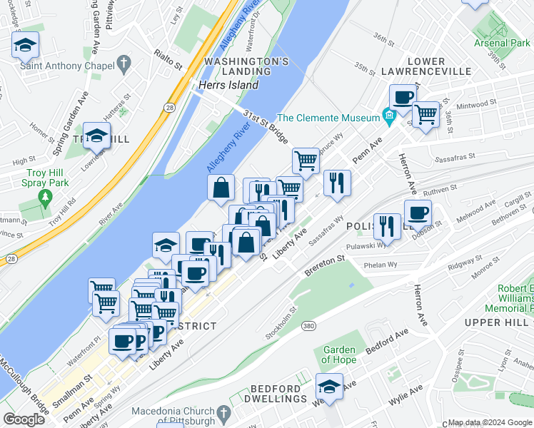 map of restaurants, bars, coffee shops, grocery stores, and more near Smallman St & 29th St in Pittsburgh