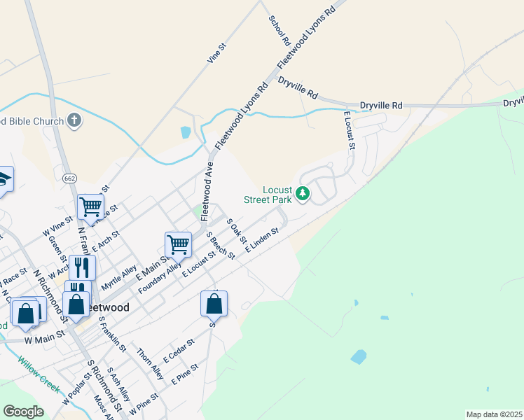 map of restaurants, bars, coffee shops, grocery stores, and more near 525 East Locust Street in Fleetwood
