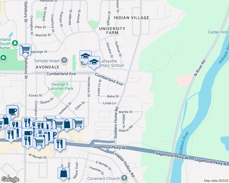 map of restaurants, bars, coffee shops, grocery stores, and more near 2812-2940 Soldiers Home Road in West Lafayette