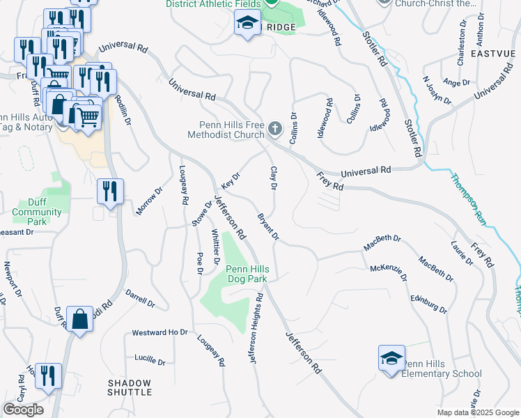 map of restaurants, bars, coffee shops, grocery stores, and more near 161 Bryant Drive in Pittsburgh