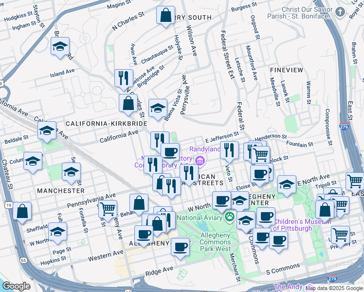 map of restaurants, bars, coffee shops, grocery stores, and more near 615 Armandale Street in Pittsburgh