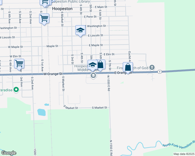 map of restaurants, bars, coffee shops, grocery stores, and more near 615 East Orange Street in Hoopeston