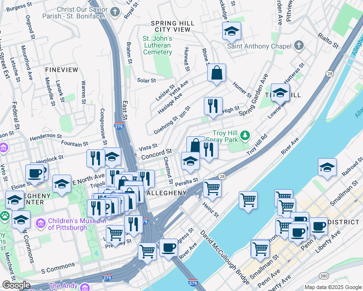 map of restaurants, bars, coffee shops, grocery stores, and more near 1007 Voskamp Street in Pittsburgh