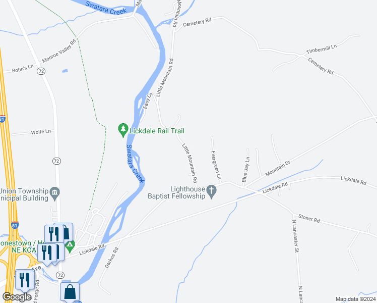 map of restaurants, bars, coffee shops, grocery stores, and more near 40 Little Mountain Road in Jonestown