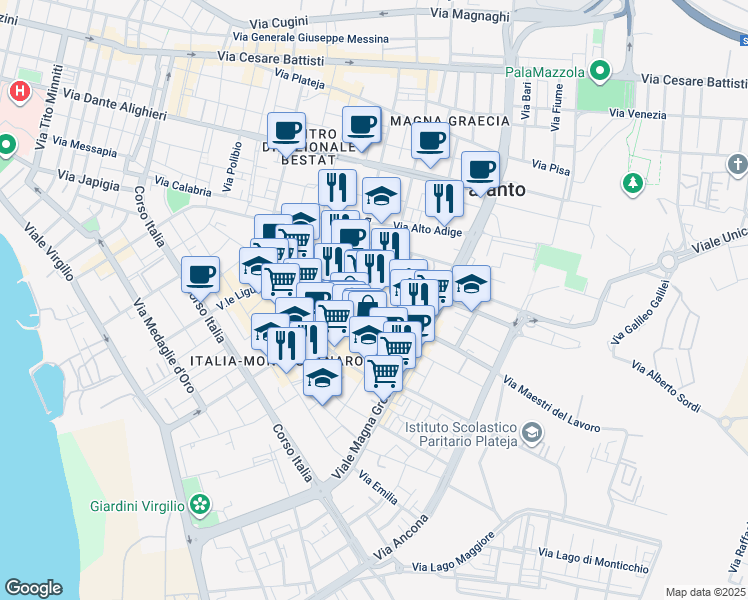 map of restaurants, bars, coffee shops, grocery stores, and more near 7 Via Dalmazia in Taranto