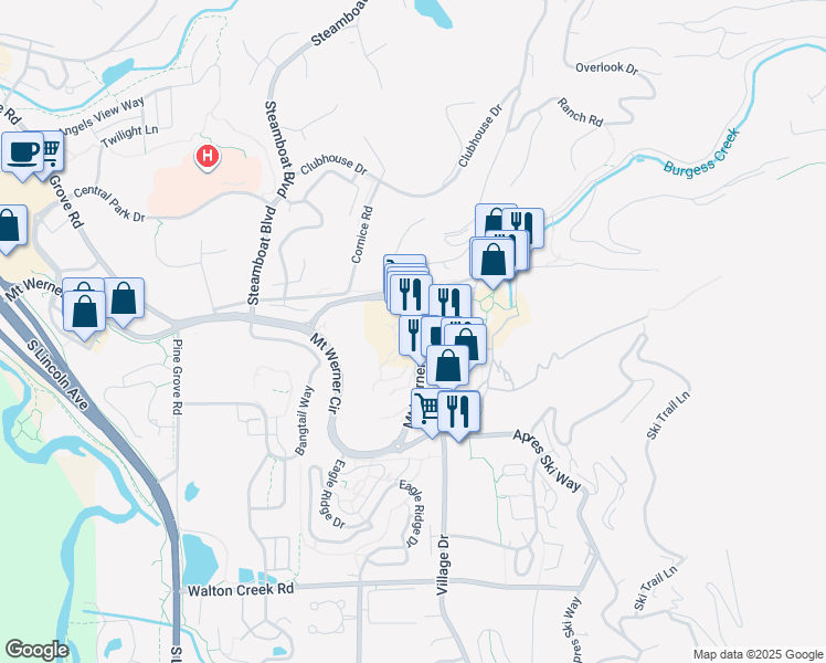 map of restaurants, bars, coffee shops, grocery stores, and more near 2300 Mount Werner Circle in Steamboat Springs