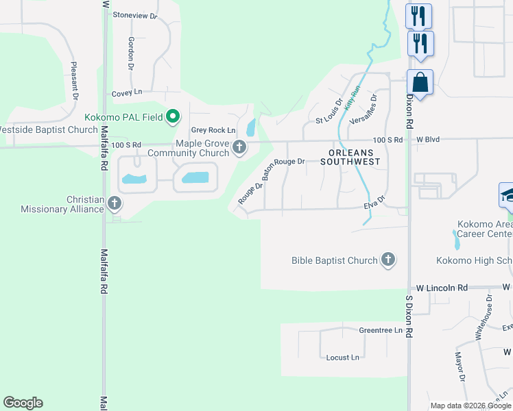 map of restaurants, bars, coffee shops, grocery stores, and more near 3211 Elva Drive in Kokomo