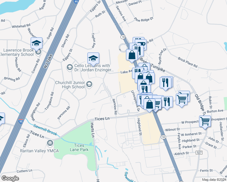 map of restaurants, bars, coffee shops, grocery stores, and more near 11 Lake Avenue in East Brunswick