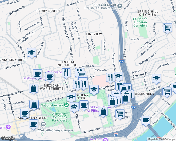 map of restaurants, bars, coffee shops, grocery stores, and more near 1415 Sandusky Street in Pittsburgh