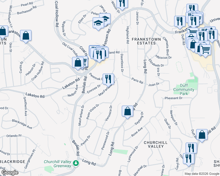 map of restaurants, bars, coffee shops, grocery stores, and more near 127 Macfarlane Drive in Pittsburgh