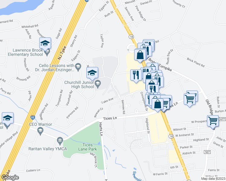 map of restaurants, bars, coffee shops, grocery stores, and more near 16 Lake Avenue in East Brunswick