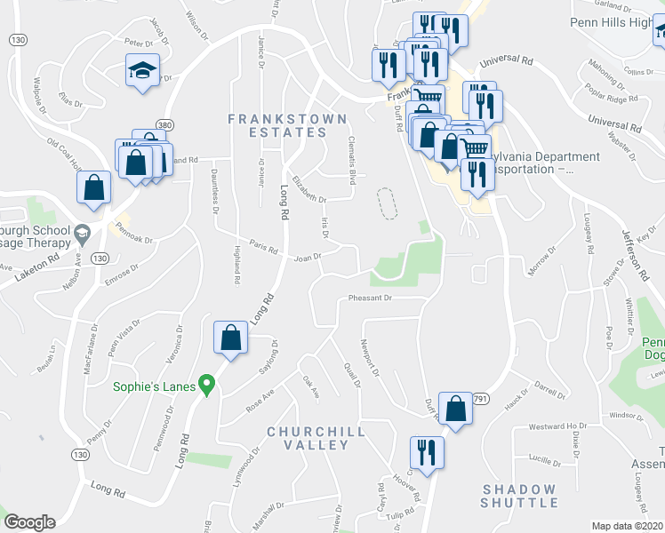 map of restaurants, bars, coffee shops, grocery stores, and more near 11835 Joan Drive in Pittsburgh