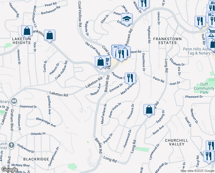 map of restaurants, bars, coffee shops, grocery stores, and more near 322 Beulah Road in Pittsburgh