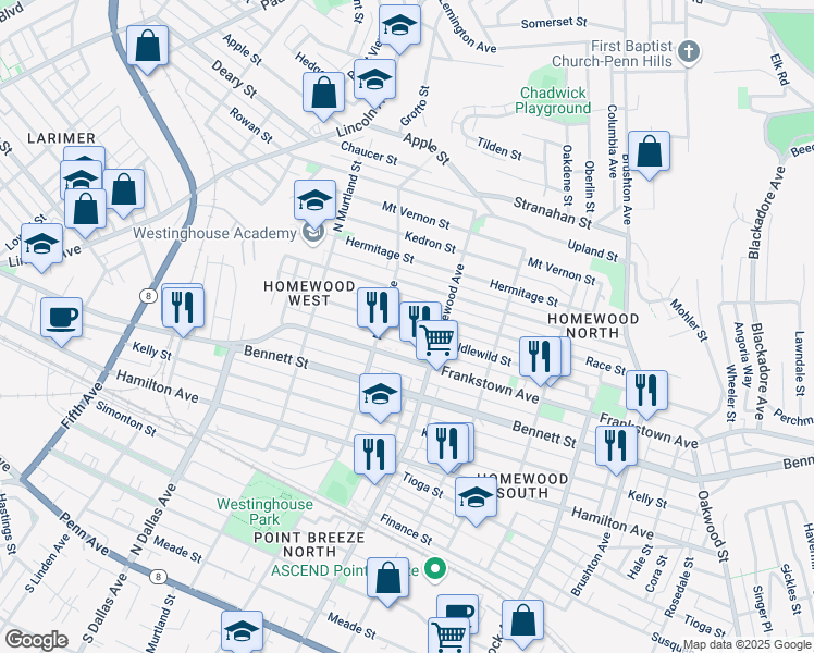 map of restaurants, bars, coffee shops, grocery stores, and more near 7119 Frankstown Avenue in Pittsburgh