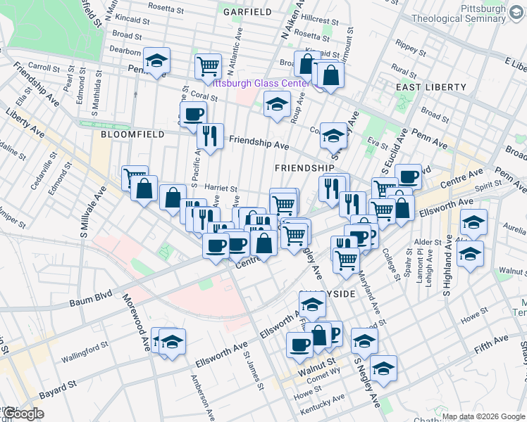 map of restaurants, bars, coffee shops, grocery stores, and more near 445 South Graham Street in Pittsburgh