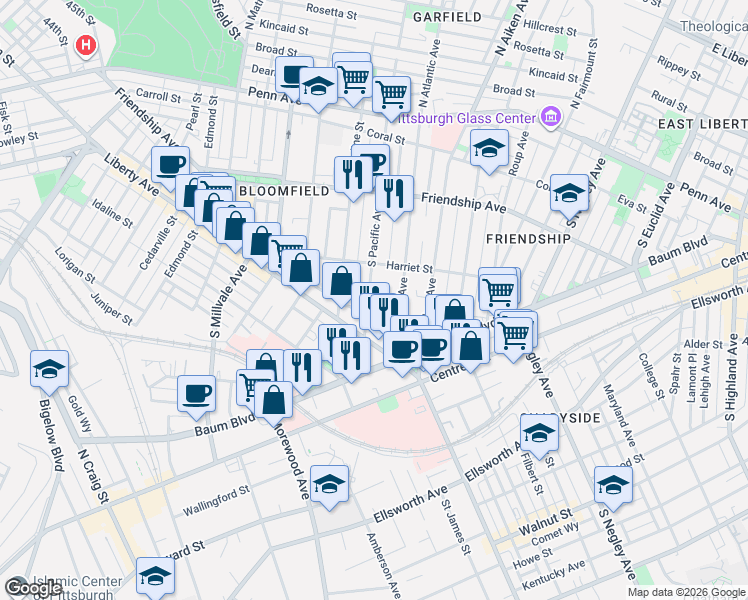 map of restaurants, bars, coffee shops, grocery stores, and more near 95164 Corday Way in Pittsburgh