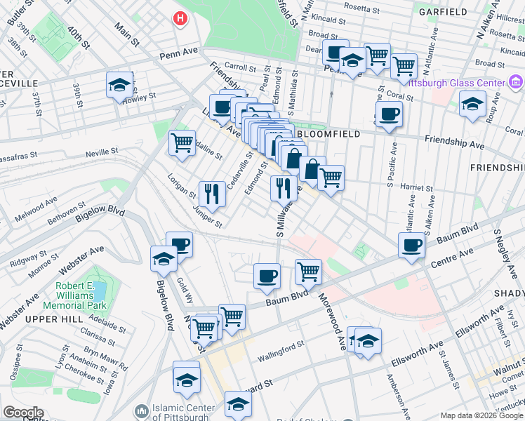 map of restaurants, bars, coffee shops, grocery stores, and more near 4806 Yew Street in Pittsburgh