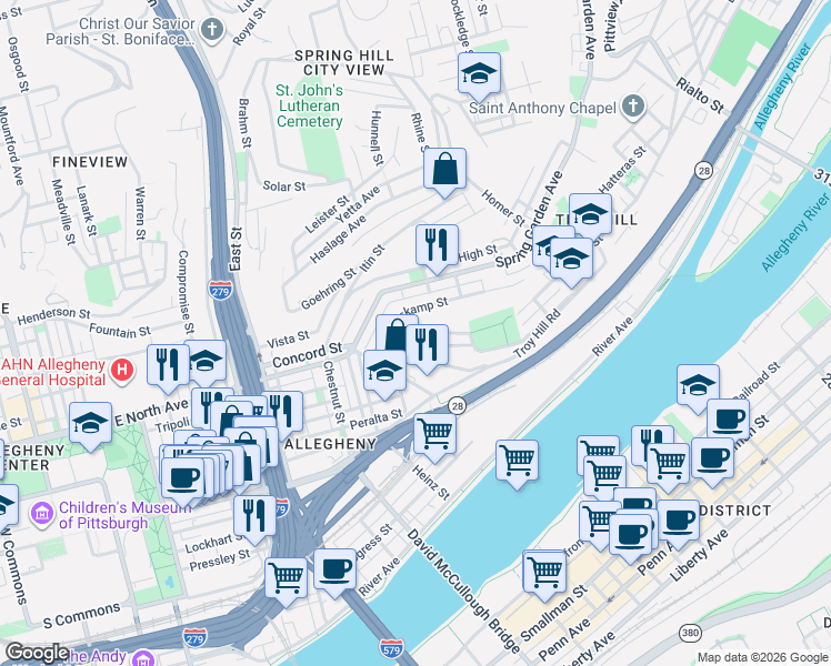 map of restaurants, bars, coffee shops, grocery stores, and more near 1019 Province Street in Pittsburgh