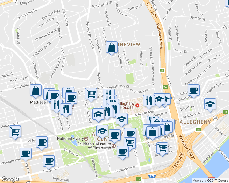 map of restaurants, bars, coffee shops, grocery stores, and more near 1416 Federal Street in Pittsburgh
