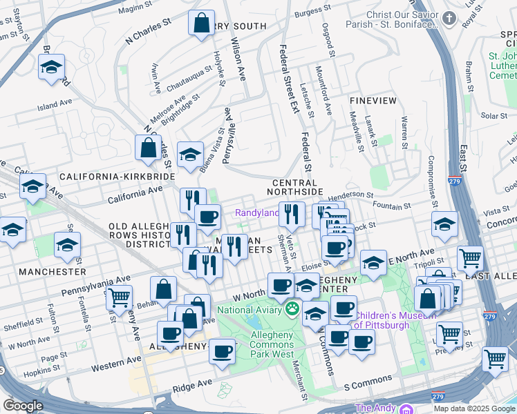 map of restaurants, bars, coffee shops, grocery stores, and more near 255 Alpine Avenue in Pittsburgh