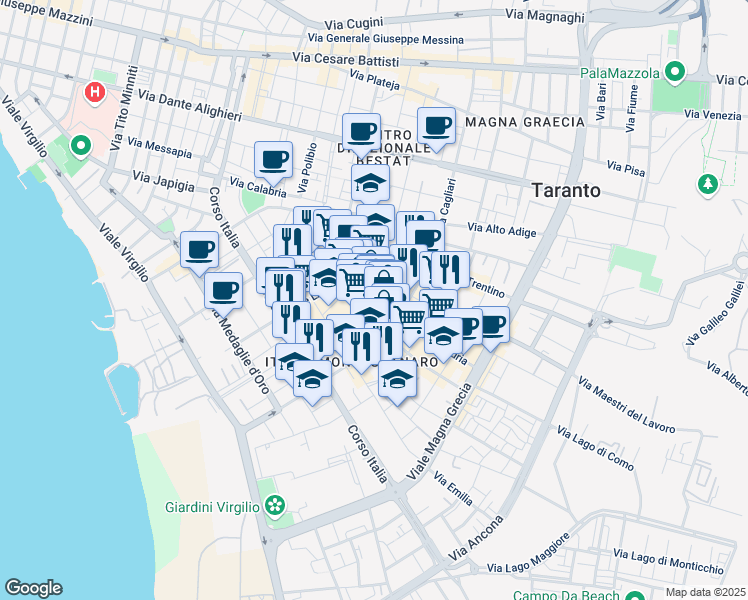 map of restaurants, bars, coffee shops, grocery stores, and more near 61 Viale Liguria in Taranto