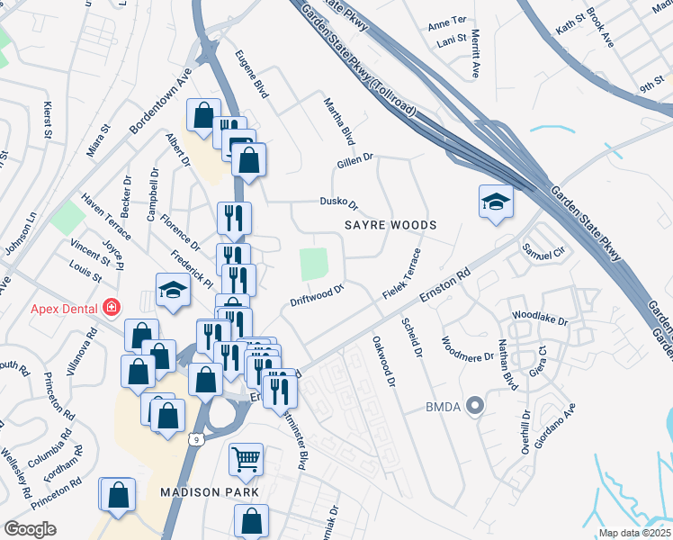 map of restaurants, bars, coffee shops, grocery stores, and more near 26 Driftwood Drive in Sayreville