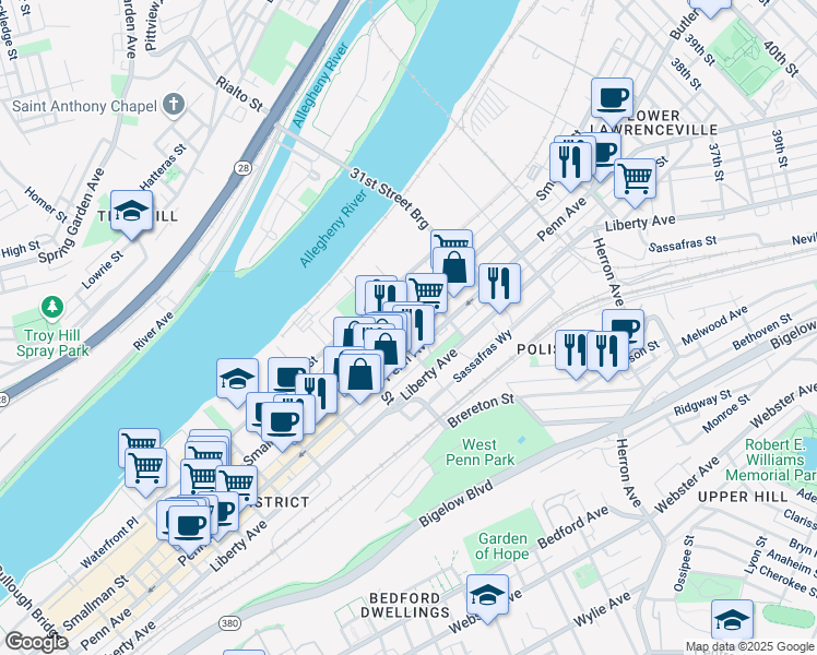 map of restaurants, bars, coffee shops, grocery stores, and more near 2908 Smallman Street in Pittsburgh