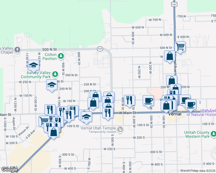 map of restaurants, bars, coffee shops, grocery stores, and more near 163 North 500 West in Vernal