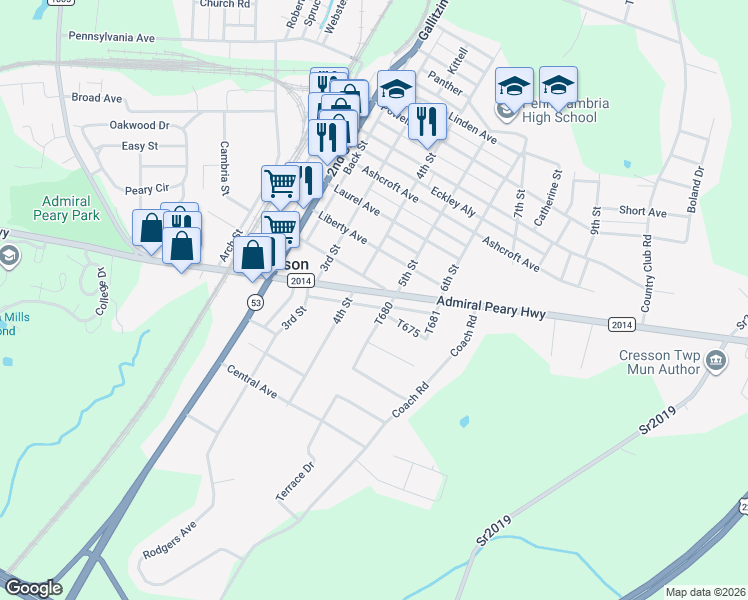 map of restaurants, bars, coffee shops, grocery stores, and more near 400-498 North Ave in Cresson