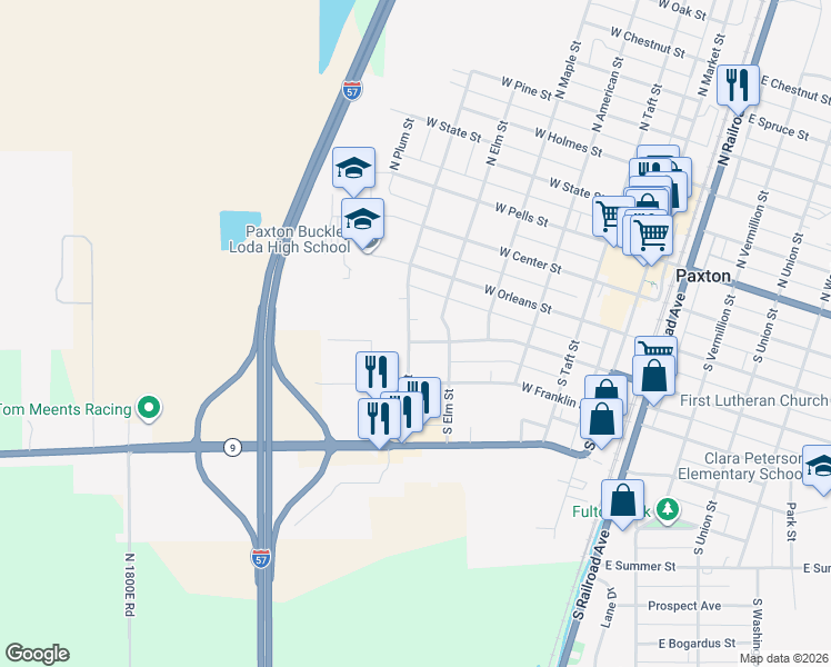 map of restaurants, bars, coffee shops, grocery stores, and more near 422 South Cherry Street in Paxton