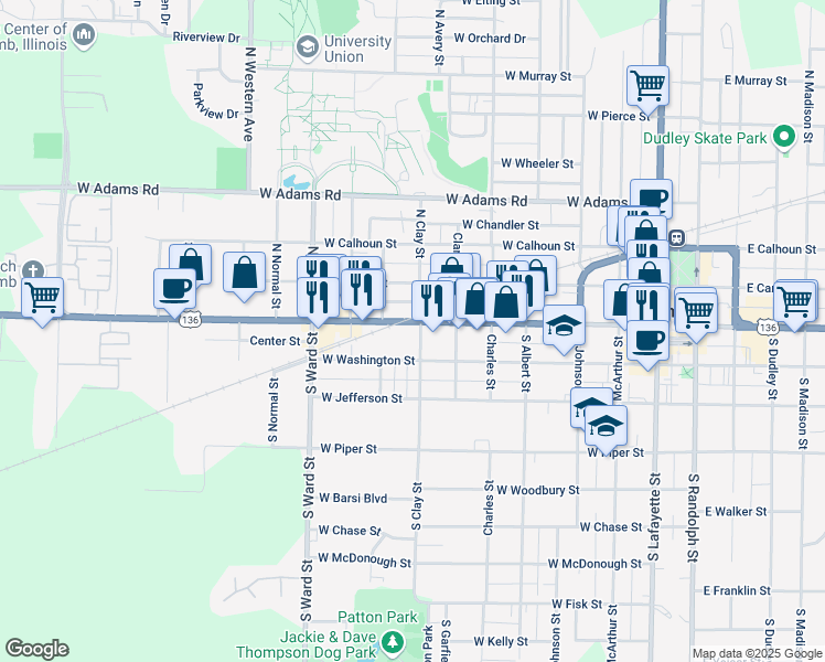 map of restaurants, bars, coffee shops, grocery stores, and more near 109 Clay Street in Macomb