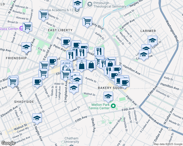 map of restaurants, bars, coffee shops, grocery stores, and more near 6320 Shakespeare Street in Pittsburgh