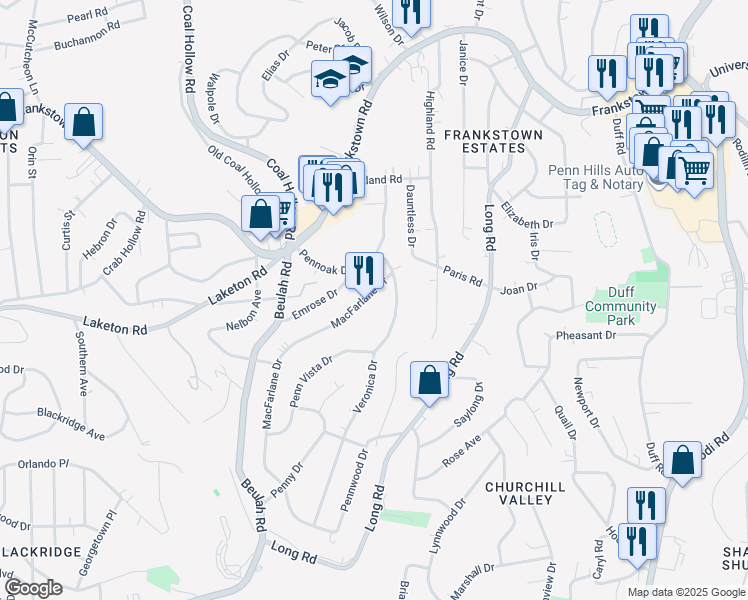 map of restaurants, bars, coffee shops, grocery stores, and more near 205 Macfarlane Drive in Pittsburgh