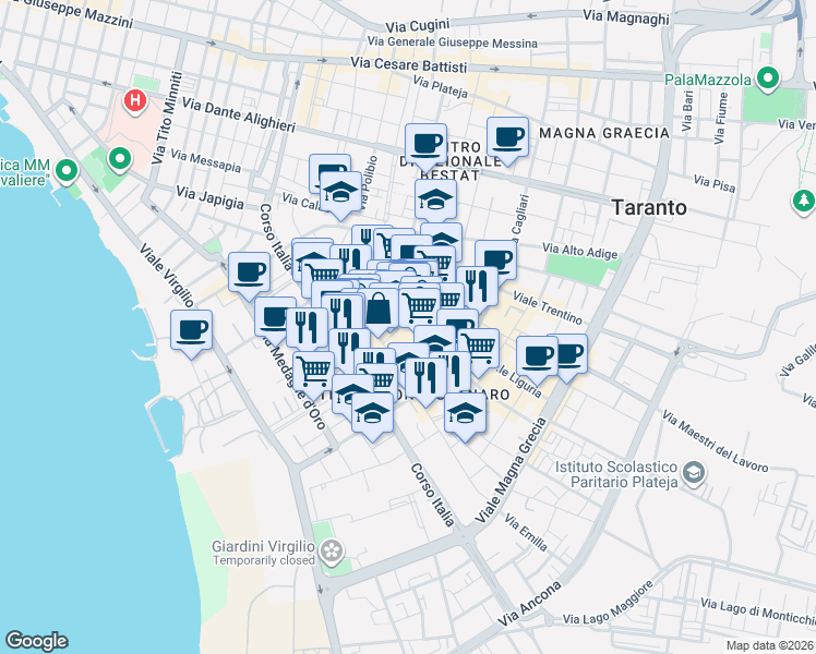 map of restaurants, bars, coffee shops, grocery stores, and more near 59 Via Emilia in Taranto