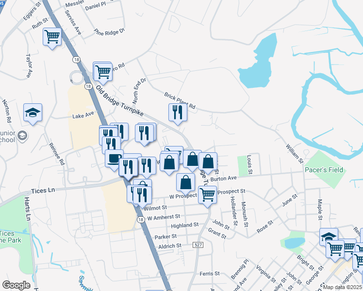 map of restaurants, bars, coffee shops, grocery stores, and more near 1 Tices Lane in East Brunswick