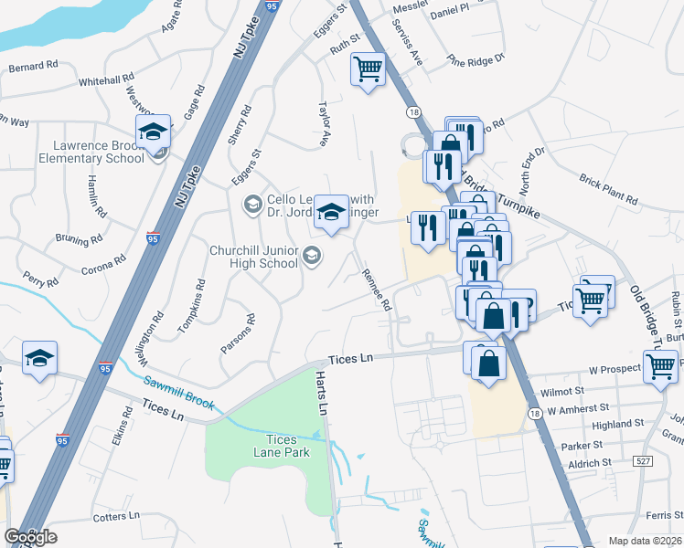 map of restaurants, bars, coffee shops, grocery stores, and more near 21 Lake Avenue in East Brunswick