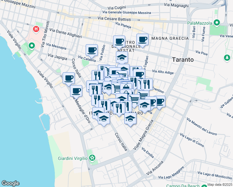 map of restaurants, bars, coffee shops, grocery stores, and more near 61 Viale Liguria in Taranto