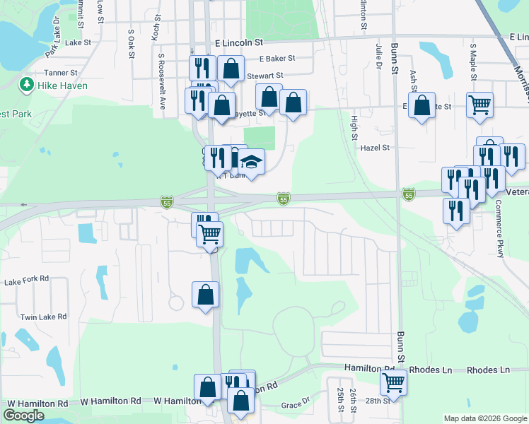 map of restaurants, bars, coffee shops, grocery stores, and more near 300-398 3rd St in Bloomington