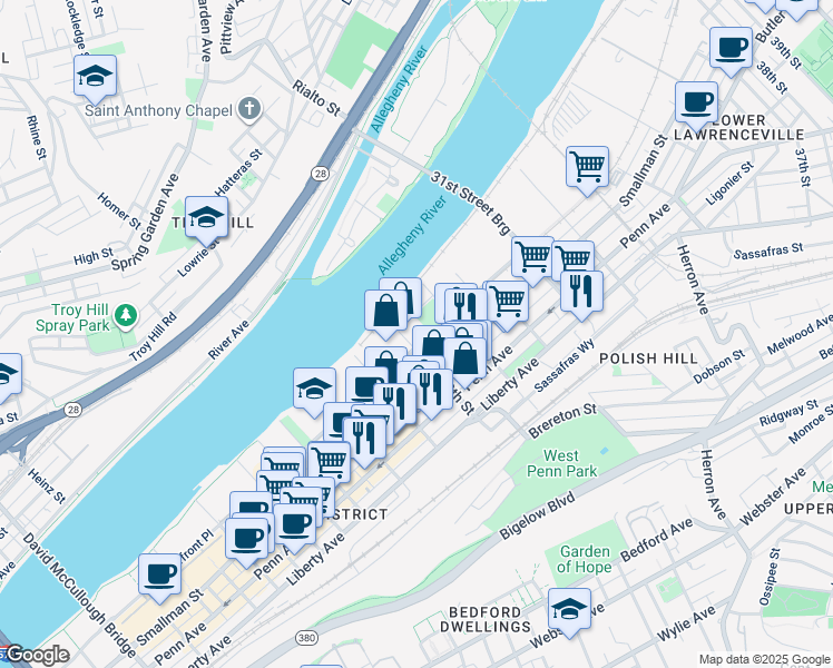 map of restaurants, bars, coffee shops, grocery stores, and more near 2815 Smallman Street in Pittsburgh